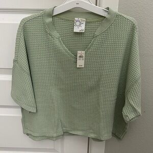 aerie Sage Green Waffle-Knit Short Sleeve Boxy Top